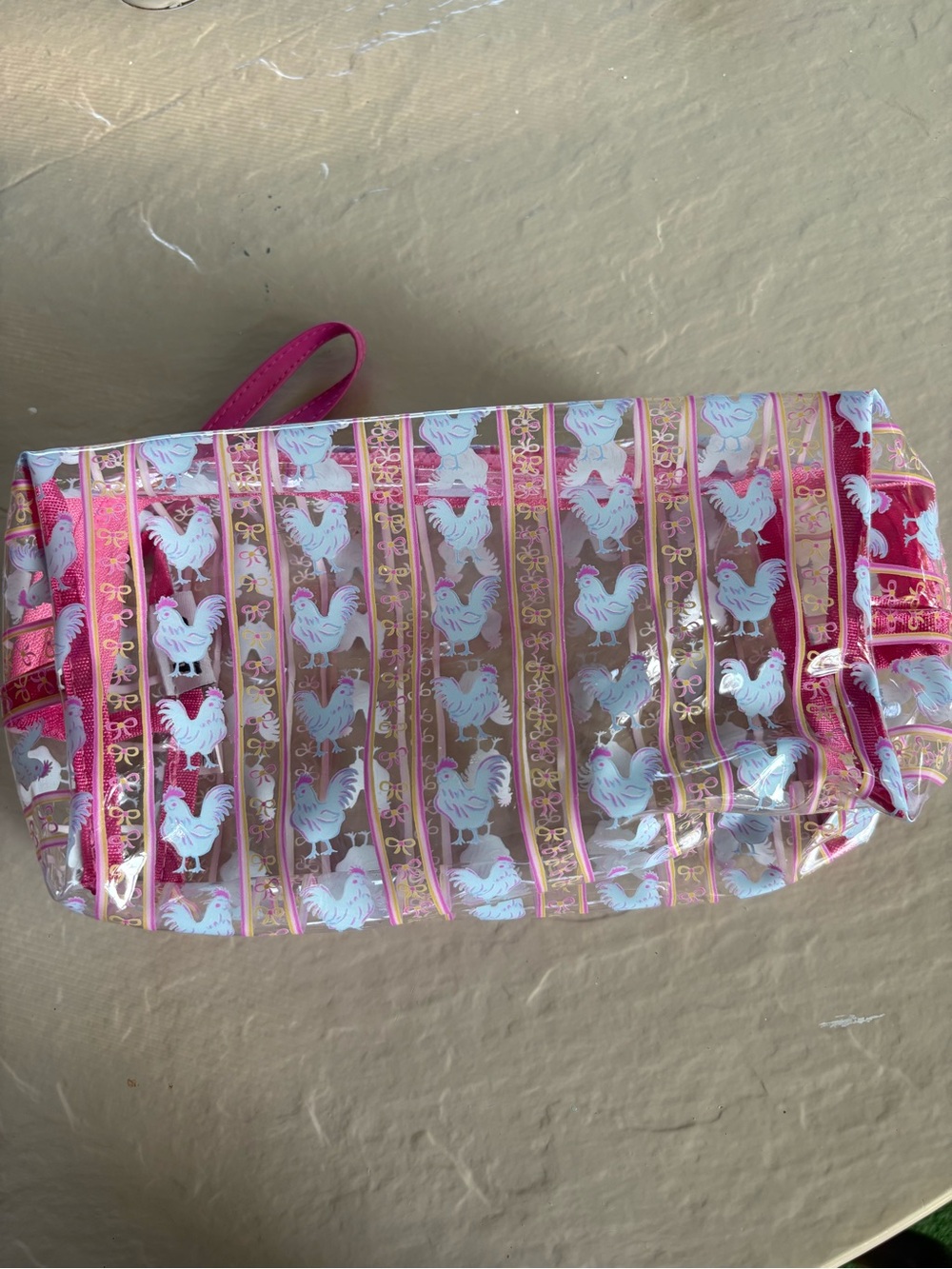 Pink Clear Rooster-Print Wristlet Cosmetic Pouch